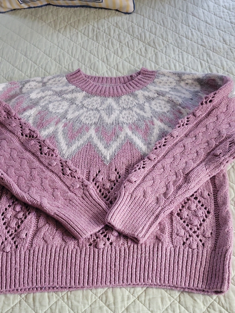 EUC - Lucky Brand Mauve Crewneck Fair Isle Yoke Cable Knit Sweater